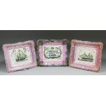 Three 19th Century pink lustre pottery wall plaques, all printed to the centre and coloured,