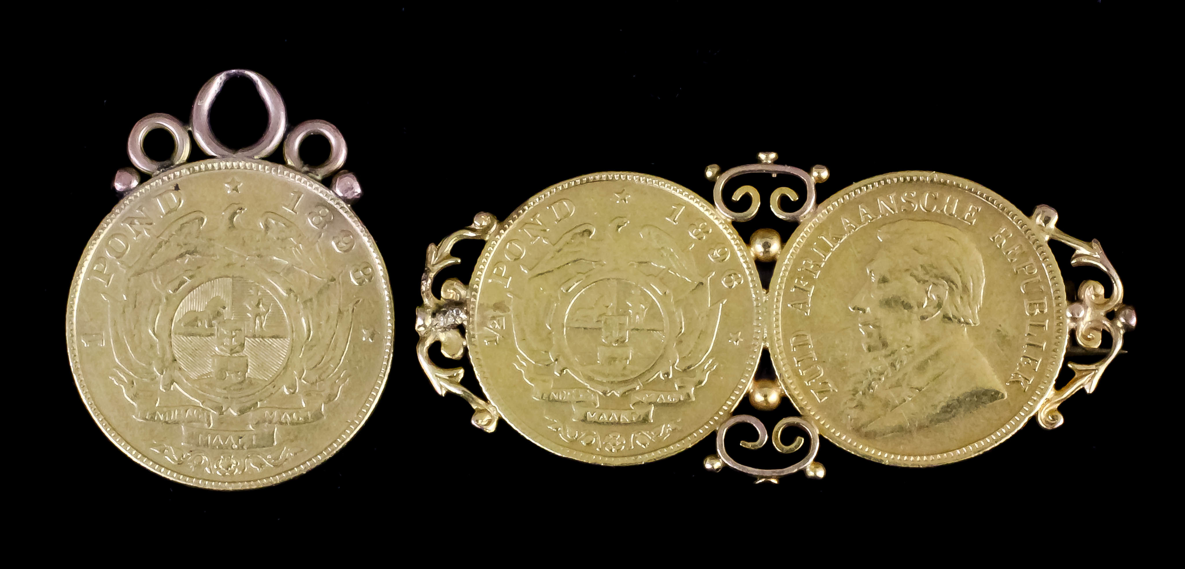 A South African 1898 gold One Pond coin with attached pendant mount, and two South African 1898 Half