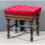 A Victorian rosewood rectangular adjustable piano stool, the seat upholstered in red dralon and