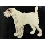 A Victorian woolwork panel worked with a portrait of a standing white terrier, 14.5ins x 20ins, in