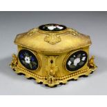 A 19th Century Continental gilt metal hexagonal jewel casket inset with five oval Pietra Dura panels