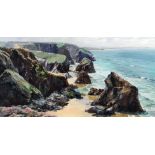 *** Nancy Bailey (1913-2012) - Oil painting - "Bedruthan Steps", canvas board 15.5ins x 30ins,