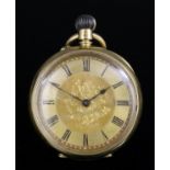 A late 19th Century Swiss lady's 18ct gold open faced keyless lever pocket watch, the gilt dial with