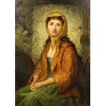 19th Century British School - Oil painting - Portrait of a seated young woman at her spinning wheel,