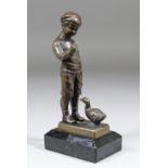 20th Century French School - Bronze figure of a boy and a duck, on polished slate base, 6.75ins