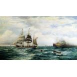 G.E. Hale (19th Century) - Oil painting - Marine scene - Sailing ship and four lifeboats in a choppy