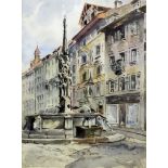 Charles John Watson (1846-1927) - Watercolour - Continental street scene with fountain, 13.25ins x