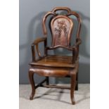 A late 19th/early 20th Century Chinese rosewood open armchair, the shaped back inset with panel