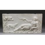 A good late 18th Century Carrara marble panel from a chimney piece, carved with "Diana The Huntress"