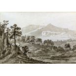 19th Century School - Wash drawing - Mountain landscape with lake to middle distance, 9ins x