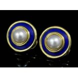 A pair of modern 18ct gold pearl and enamel target pattern earrings (for pierced ears), the