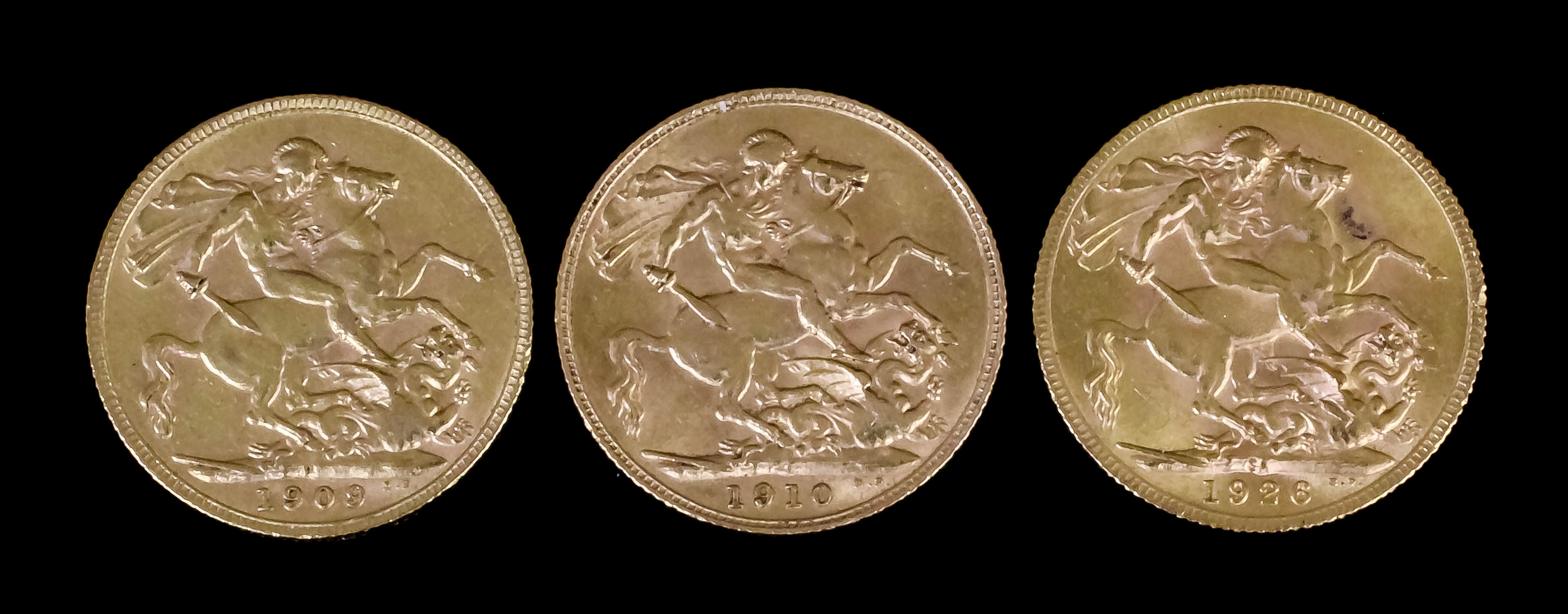 Two Edward VII 1909 and 1910 Sovereigns (Fine with slight edge knocks) and a George V 1926 Sovereign