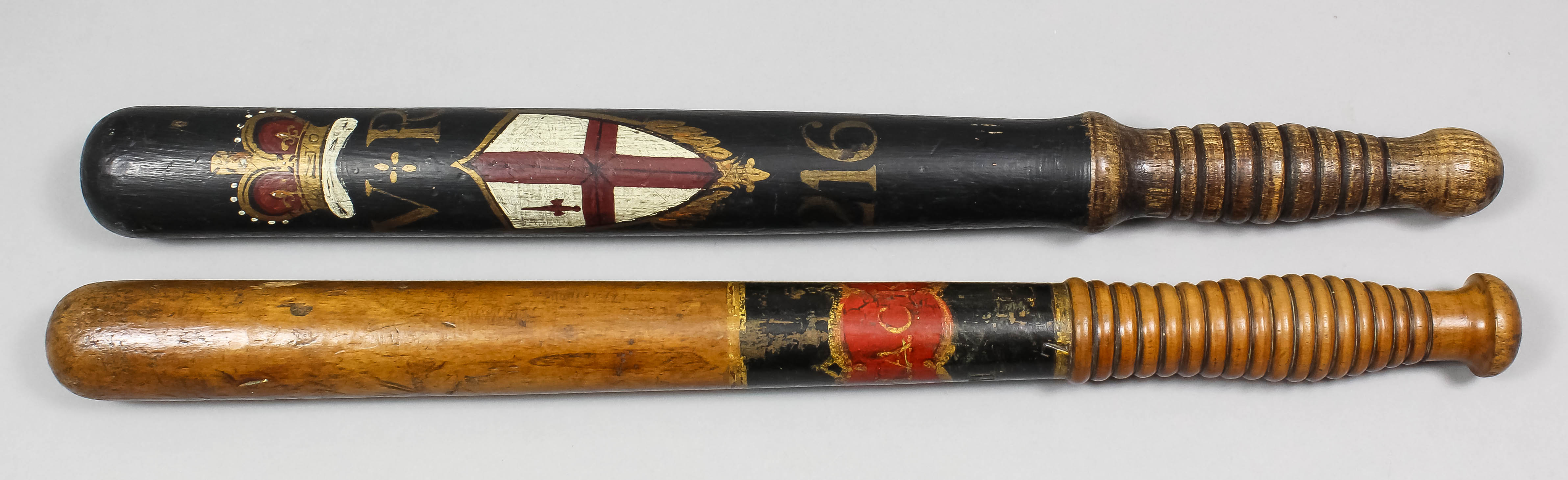 A Victorian turned wood truncheon with crown and "VR" cipher over the City of London arms, over "