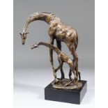 20th Century British School - Brown patinated bronze- "Giraffe and Calf", mounted on ebonised stand,
