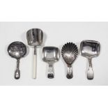 Four George III silver caddy spoons - with shaped bowl engraved with trailing leaf ornament, by