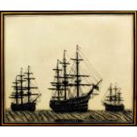 A black reverse painting on glass depicting "H.M.S. Victory" and two other smaller masted vessels,