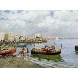 20th Century Continental School - Oil painting - Sunny bay with fishing boats and houses, canvas