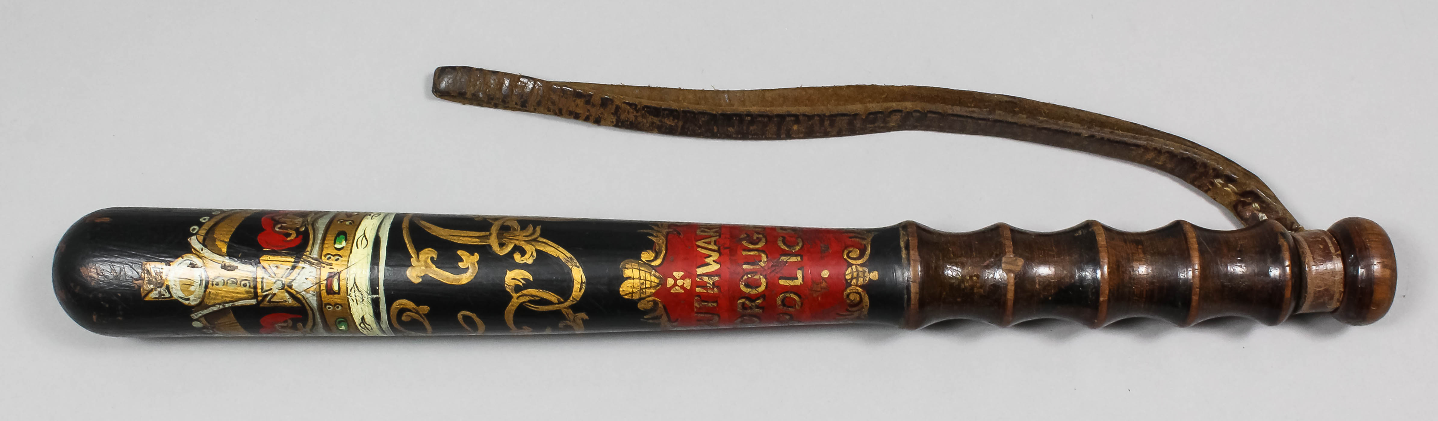 An Edward VII turned wood truncheon painted with a crown over "ER" above "Southwark Borough