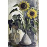 *** Ruth Duckworth (1919-2009) - Oil painting - Still life of sunflowers in a vase, canvas 36ins x