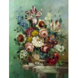 19th Century School - Oil painting - Still life with vase of mixed flowers, canvas 18ins x 14ins, in