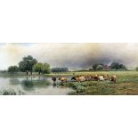 John Macpherson (active 1858-1884) - Watercolour - Cattle watering, 6.75ins x 17.25ins, signed,