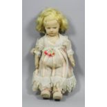 An early 20th Century felt doll with blond wig and original clothing, 18.5ins high (possibly Lenci)