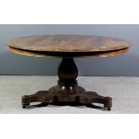 A William IV rosewood circular breakfast table with figured veneered top and moulded edge, on