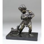 19th Century School - Bronze figure of a young girl carrying a puppy whilst the puppy's mother jumps