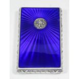 A Continental silvery metal and royal blue guilloche enamel rectangular card/cigarette case with