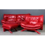 A modern Italian Patera three piece lounge suite upholstered in red leather, on splayed front legs