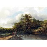 19th Century English School - Pair of oil paintings - Rural landscapes with figures before a