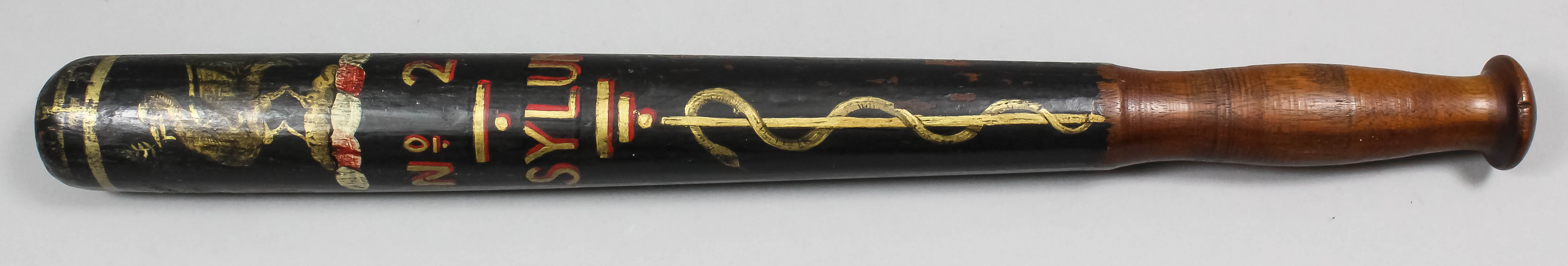 A Victorian turned wood truncheon painted with the heraldic device of a griffin over "No.2.Asylum"