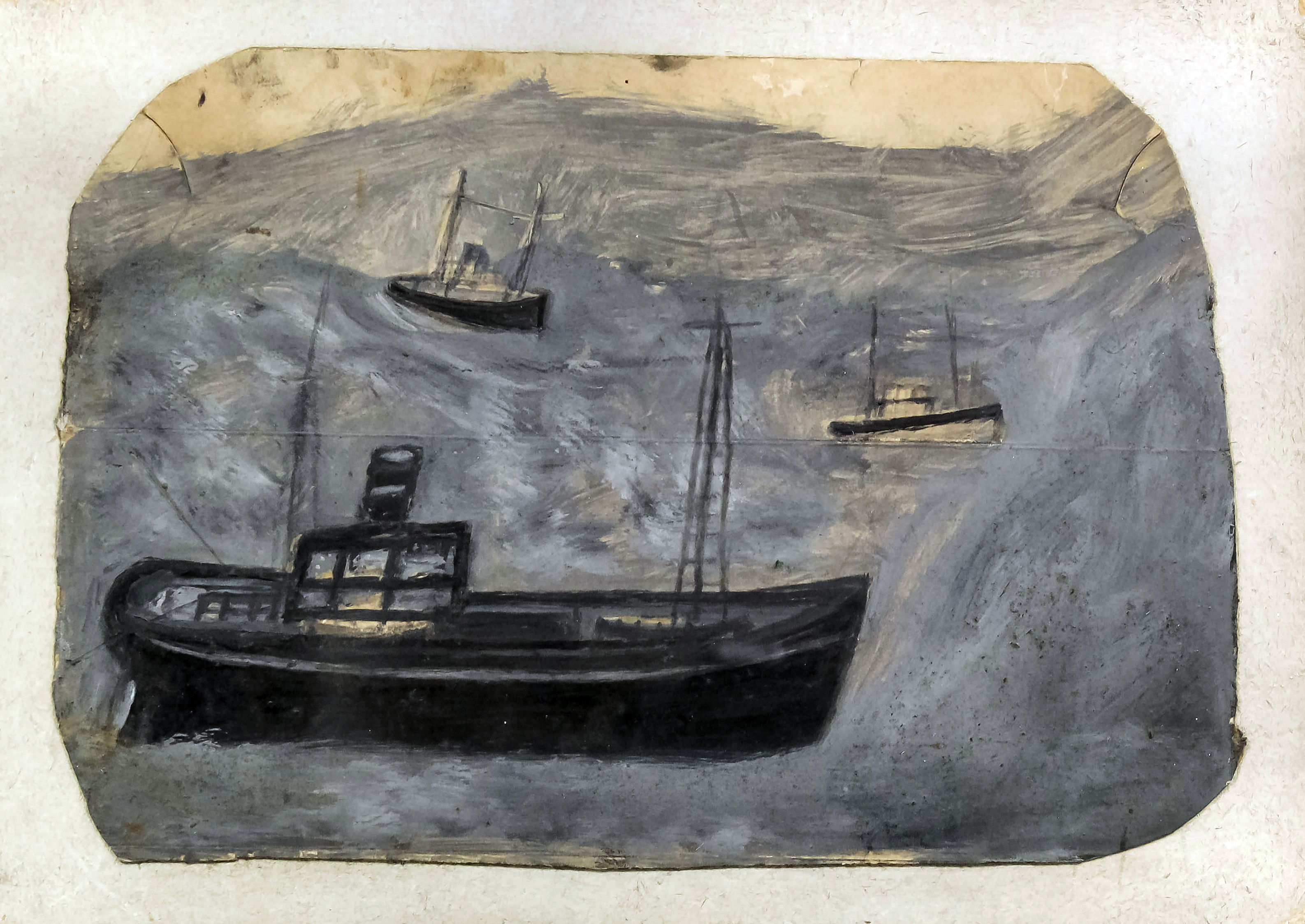 Alfred Wallis (1855-1942) - Oil painting - "Trawlers", cardboard 6.125ins x 9ins, in oak box frame