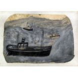 Alfred Wallis (1855-1942) - Oil painting - "Trawlers", cardboard 6.125ins x 9ins, in oak box frame