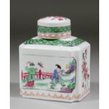 A 19th Century Continental porcelain rectangular tea caddy with canted corners, painted in the "
