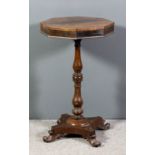 An early Victorian rosewood octagonal occasional table with square edge to top and plain frieze,