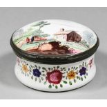 A late 18th/early 19th Century English enamel circular lidded snuff box, the lid enamelled with