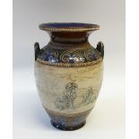 HANNAH BARLOW DOULTON LAMBETH TWO HANDLED POTTERY VASE, OF FOOTED OVOID  FORM WITH LOOP HANDLES