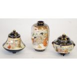THREE SMALL ITEMS OF JAPANESE MEIJI PERIOD KIOTO FAYENCE VIZ TWO KORO  with pierced covers and an