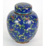 CHINESE CLOISONNE GINGER JAR AND COVER, decorated with trailing flowering foliate on a bright blue