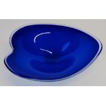 FLYGSFORS, BLUE AND WHITE COQUILLE GLASS LEAF PATTERN DISH, 10 ¼" (26cm) long, signed Coquille,