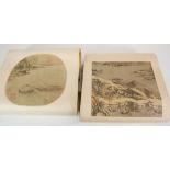 TWO JAPANESE PICTORIAL PRINTED WALL SCROLLS both decorated with river landscapes, 19" x 13" (48.