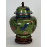 NINETEENTH CENTURY CHINESE CLOISONNE SHOULDERED ORBICULAR JAR WITH DOMED COVER, decorated with two
