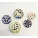 COLLECTION OF FIVE MODERN MILLEFIORI GLASS PAPERWEIGHTS including an example with printies and