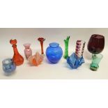 ELEVEN PIECES OF 20th CENTURY COLOURED GLASS including two handkerchief vases, 4" (10.2cm) high;