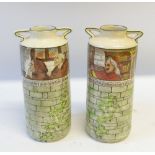 PAIR OF ROYAL DOULTON JACKDAW OF RHEIMS TWO HANDLED POTTERY VASES of cylindrical form with short