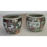 NEAR PAIR OF TWENTIETH CENTURY CHINESE FAMILLE ROSE ENAMELLED PORCELAIN FISH BOWLS, typical form,