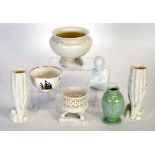 FOUR PIECES OF ROYAL WORCESTER  STYLE CREAM GLAZED PORCELAIN, comprising; PAIR OF CORN PATTERN