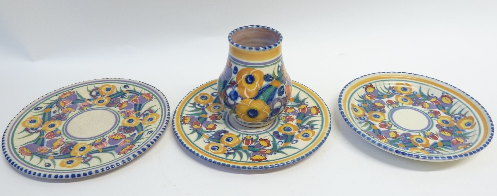 PAIR OF POOLE POTTERY PLATES floral painted in colours within blue dashed rims, 8 1/2" (21.6cm)