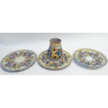 PAIR OF POOLE POTTERY PLATES floral painted in colours within blue dashed rims, 8 1/2" (21.6cm)